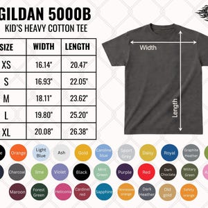 May include: A dark gray short-sleeve t-shirt with a size chart labeled Gildan 5000B Kid's Heavy Cotton Tee. The chart lists widths and lengths in inches for sizes XS through XL. Below the chart are 30 circular color swatches with labels.