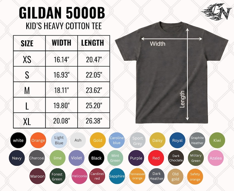 May include: A dark gray short-sleeve t-shirt with a size chart labeled Gildan 5000B Kid's Heavy Cotton Tee. The chart lists widths and lengths in inches for sizes XS through XL. Below the chart are 30 circular color swatches with labels.