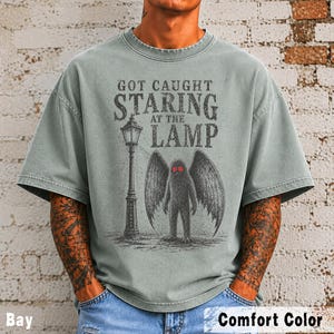May include: A sage green short-sleeve t-shirt featuring a graphic print of a winged creature standing next to a street lamp. The text reads "GOT CAUGHT STARING AT THE LAMP". The creature has dark fur and bright red eyes, and the design is in black ink.