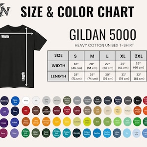 May include: A Gildan 5000 heavy cotton t-shirt size and color chart. The graphic displays a black t-shirt with width and length arrows, a table listing sizes S through 3XL with measurements in inches, and a grid of circular color swatches.