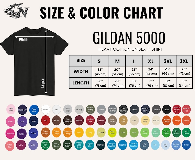 May include: A Gildan 5000 heavy cotton t-shirt size and color chart. The graphic displays a black t-shirt with width and length arrows, a table listing sizes S through 3XL with measurements in inches, and a grid of circular color swatches.