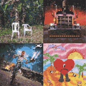 May include: A mosaic artwork featuring four distinct scenes. Top left: two white chairs in a green outdoor setting. Top right: a semi-truck with bright headlights. Bottom left: a figure with a sword. Bottom right: a red heart with a sad face.