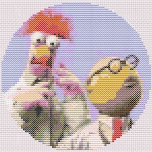 May include: A cross-stitch design featuring a whimsical bird wearing glasses and holding a flower. The bird has a yellow body, brown head, and is set against a light blue background. The design uses various colors.