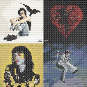 May include: A square image featuring four pixelated art pieces. The top left shows a figure with wings. The top right displays a red heart. The bottom left shows a person with long hair. The bottom right shows a figure in a white suit.