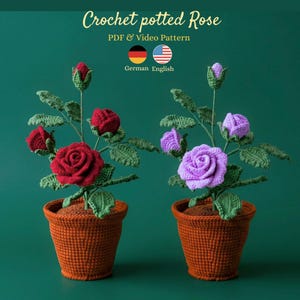 Crochet potted Rose Pattern PDF and video: beginner friendly Amigurumi crochet rose pot, crochet plant pot pattern,handmade gift pattern