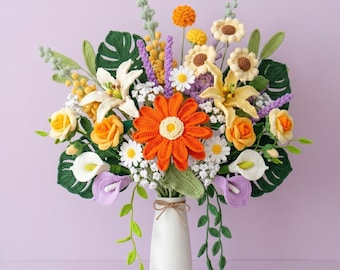15 in 1 Crochet flower bouquet pattern bundle pdf,beginner friendly crochet delphinium,rose,lily,monstera,daisy wedding flower bouquet