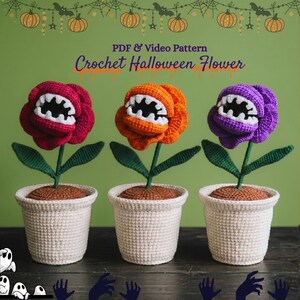 Crochet piranha flower pdf+video pattern, amigurumi Halloween plant pot spooky flower crochet Halloween gift and home decor