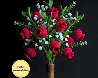 Patrón de farol de lirio a crochet en PDF + video, patrón de ramo de flores de lirio chino a crochet para regalo de boda y decoración.