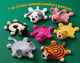 7-in-1 Animal Crochet Coaster Pattern Bundle, Animals Cup Holder, Amigurumi Style,  Beginner friendly Crochet pattern PDF