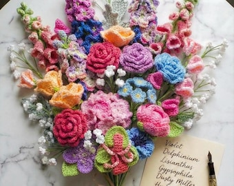 Patrón de ramo de flores a crochet, rosa, peonía, campanilla. Patrón de crochet en PDF. Ramo de regalo de boda para novias.