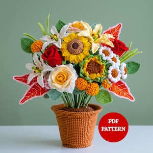 Patrón de maceta de flores de ganchillo, ramo de flores de ganchillo en maceta con girasoles, lirios y rosas, paquete de patrones, patrón de maceta de flores de ganchillo apto para principiantes