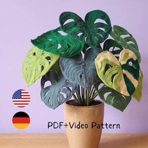 かぎ針編みのモンステラの葉のPDF+動画パターン：初心者向けの斑入りモンステラの葉のあみぐるみ、スイスチーズプラントのかぎ針編みパターン（ブーケ用）