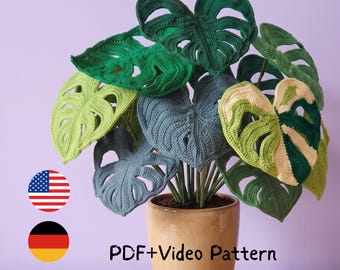 Crochet monstera leaf PDF+video pattern:beginner friendly variegated monstera leaf amigurumi swiss chesse plant crochet pattern for bouquet
