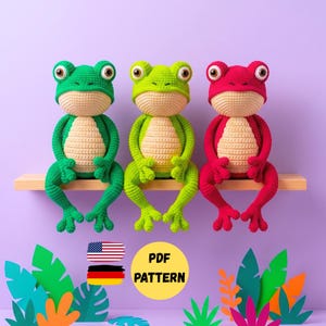 Haakpatroon voor een amigurumi kikker met lange poten, pluche kikker, gehaakte padden, patroon voor een kikker met lange poten. Beginnersvriendelijk haakpatroon voor een kikker met lange poten.