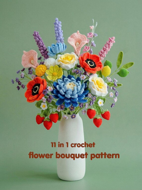 11 in 1 Crochet Flower Pattern Bundle, Crochet Rose, Dahlia, Lily Flower Bouquet Pattern for Wedding Gift and decor.