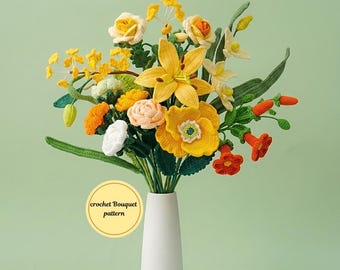 Paquete de patrones de ramo de lirios a crochet: Amapola, rosa, lirio, amigurumi, ramo de flores para boda, patrón de crochet