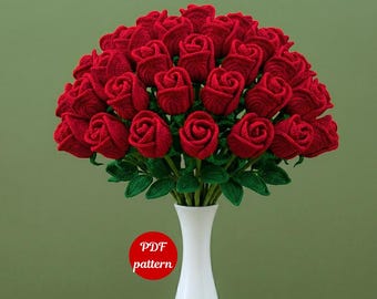 Patrón de ramo de rosas a crochet, rosa amigurumi en PDF, rosas a crochet fáciles para principiantes, regalo floral a crochet para ella, patrón floral de descarga instantánea