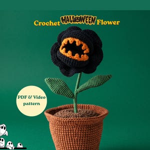 Crochet piranha flower pdf+video pattern, Halloween plant pot spooky amigurumi flower crochet Halloween gift and home decor