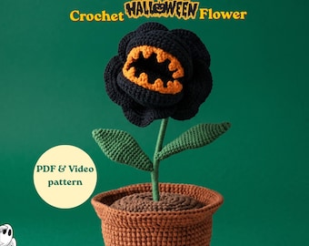 Patrón de flor de piraña a crochet en PDF + video, maceta de Halloween, flor de amigurumi espeluznante a crochet, regalo de Halloween y decoración del hogar