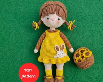 Patrón de muñeca de girasol a crochet en PDF, muñeca de niña a crochet con cesta de girasoles, patrón de muñeca de girasol a crochet apto para principiantes.