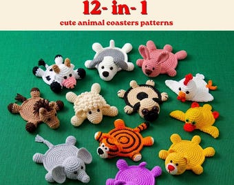 Patrones de posavasos de ganchillo con forma de animales (12 en 1), paquete de posavasos para tazas, posavasos estilo amigurumi con forma de animales, patrón de posavasos ideal para principiantes.