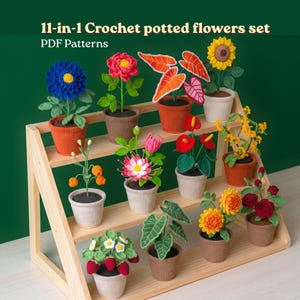 11-in-1 Crochet flower Pot Pattern,beginner friendly Sunflower Dahlia Lily Daisy Strawberry Anthurium Potted Flowers Crochet Pattern bundle