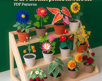 11-in-1 Crochet flower Pot Pattern,beginner friendly Sunflower Dahlia Lily Daisy Strawberry Anthurium Potted Flowers Crochet Pattern bundle