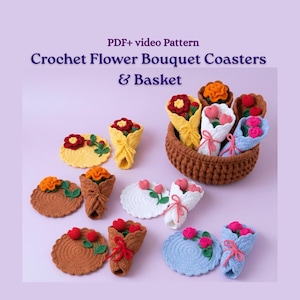 Crochet Flower Coasters Pattern Pdf+video,4 in 1 tulip,rose,beginner friendly floral mug hugger set with pot mug rug Crochet Pattern bundle