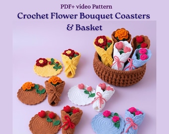 Crochet Flower Coasters Pattern Pdf+video,4 in 1 tulip,rose,beginner friendly floral mug hugger set with pot mug rug Crochet Pattern bundle