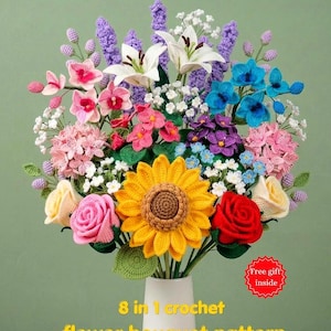 Pacchetto di 8 modelli di fiori all'uncinetto: girasole, rosa, giglio, lavanda. Bouquet ideale come regalo per la festa della mamma e per matrimoni, adatto anche ai principianti.