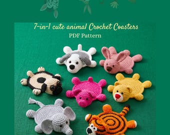 Paquete de patrones de ganchillo 7 en 1 para posavasos de animales, portavasos de animales, estilo amigurumi, patrón de ganchillo en PDF apto para principiantes