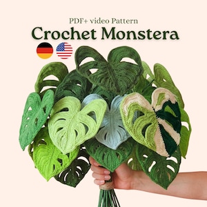 Häkelanleitung für ein Monstera-Blatt (PDF + Video): Anfängerfreundliche Häkelanleitung für ein panaschiertes Monstera-Blatt (Amigurumi) – auch als Schweizer Käsepflanze geeignet.