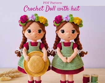 Crochet anne shirley doll pattern PDF, beginner amigurumi anne shirley doll pattern with hat, cottagecore girl doll with removable dress