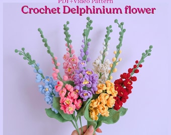Patrón de flor de delfinio a crochet en PDF + videotutorial, patrón de tallo de delfinio amigurumi a crochet ideal para principiantes, perfecto para ramos de regalo de boda.
