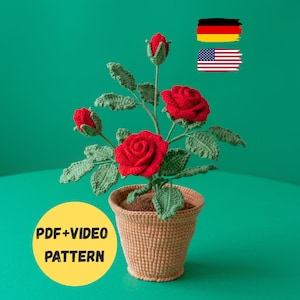 Crochet potted Rose Pattern PDF and video: beginner friendly Amigurumi crochet rose pot, crochet plant pot pattern,handmade gift pattern