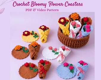 Patrón de posavasos de flores a crochet, 4 en 1 tulipán, rosa, apto para principiantes, juego de posavasos florales con maceta, tapete para taza, paquete de patrones de crochet