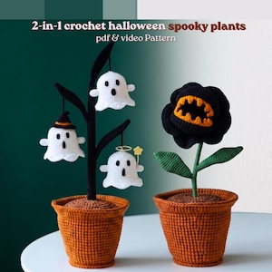 Patrón de ganchillo para plantas fantasma de Halloween en PDF + vídeo, maceta gótica para principiantes, flores fantasma espeluznantes de amigurumi, regalo de ganchillo para Halloween