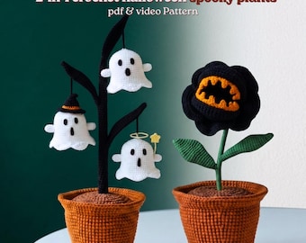 Crochet Halloween ghost plants pdf+video pattern,beginner gothic Halloween plant pot spooky ghost amigurumi flowers crochet Halloween gift