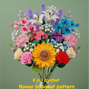 8 in 1 Crochet Flower Pattern Bundle:crochet Sunflower,Rose, lily,lavender,Beginner Friendly Mother's Day & Wedding Gift bouquet.