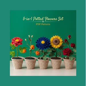 Puede incluir: Un patrón PDF 5-in-1 Potted Flowers Set que muestra cinco plantas tejidas a ganchillo en macetas beige texturizadas. Las flores incluyen una peonía roja, una planta delgada con brotes naranjas, una dalia azul, un girasol amarillo y una rosa roja.