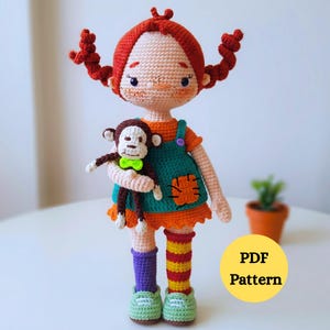 Puppen Häkelanleitung mit Affe: Amigurumi rote Haare Puppe Häkelanleitung für Geschenk und Deko