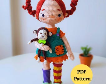 Patrón de muñeca de ganchillo con mono: Patrón en PDF de muñeca de ganchillo amigurumi de pelo rojo para regalo y decoración.