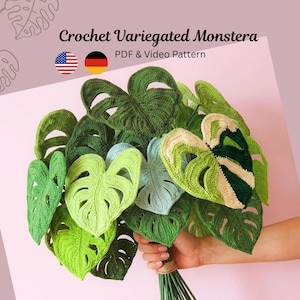 Crochet monstera leaf PDF+video pattern:beginner friendly variegated monstera leaf amigurumi swiss chesse plant crochet pattern for bouquet