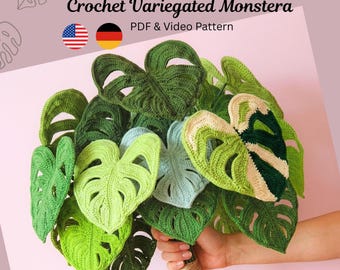 Patrón de crochet de hoja de monstera en PDF + video: patrón de crochet de hoja de monstera variegada tipo amigurumi, ideal para principiantes, para ramo.