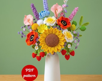 Paquete de patrones de ramos de flores de ganchillo en formato PDF: girasol, cala, flores de lavanda, ramo de flores hecho a mano para regalos de boda.
