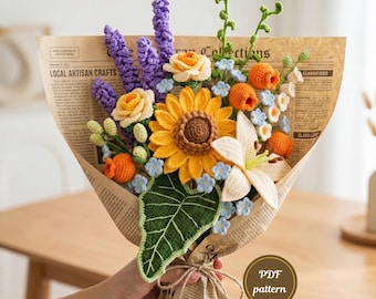 Paquete de patrones de ramo de flores de ganchillo: ramo de flores de ganchillo de 9 en 1 con girasoles, rosas y lirios chinos para regalos de boda y decoración.