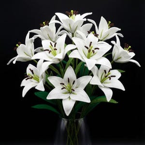 Puede incluir: Un ramo de flores de lirio blanco con tallos y hojas verdes en un jarrón de cristal transparente sobre un fondo negro. Los lirios tienen pétalos detallados y detalles marrones y verdes.