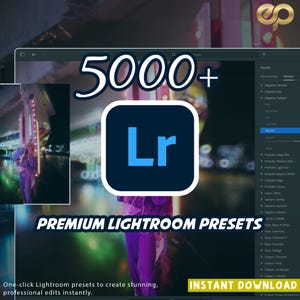 May include: A digital display showcasing the Adobe Lightroom logo with the text "5000+" and "Premium Lightroom Presets." The interface highlights a "Vibrant" preset option. The image also includes the text "Instant Download."