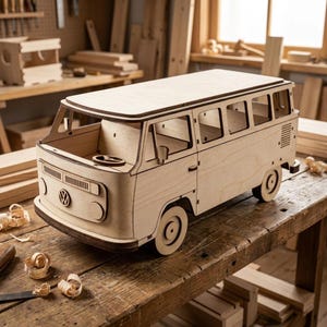 May include: A light-colored wooden model of a Volkswagen bus featuring a flat roof, open side windows, a steering wheel, and a prominent Volkswagen logo on the front grille. The vehicle is constructed from laser-cut plywood panels with visible joints.
