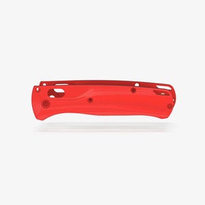 May include: A bright red pocket knife handle, featuring a curved ergonomic design. The handle has several holes and a textured surface. The knife handle is shown against a white background.
